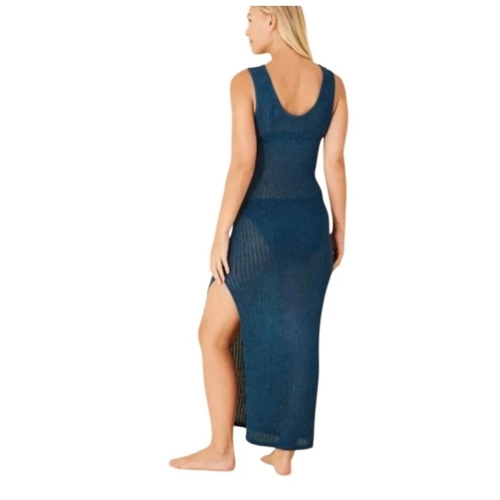 Shade & Shore Women Blue Open Knit Crochet Maxi Dress Beach Cover Up Side Slit S - Picture 2 of 9